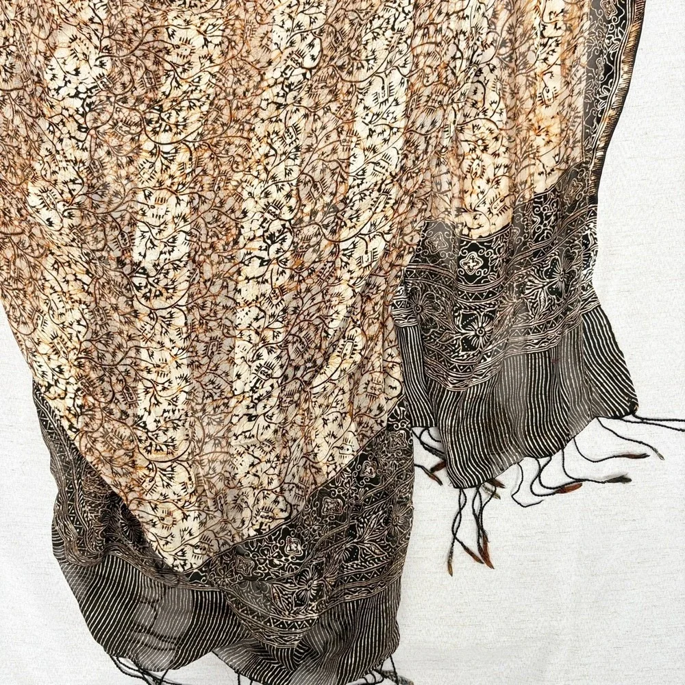 Luxury Batik Print‎ Silk Cape Shawl Wrap Brown Black Block Print Pattern Italy